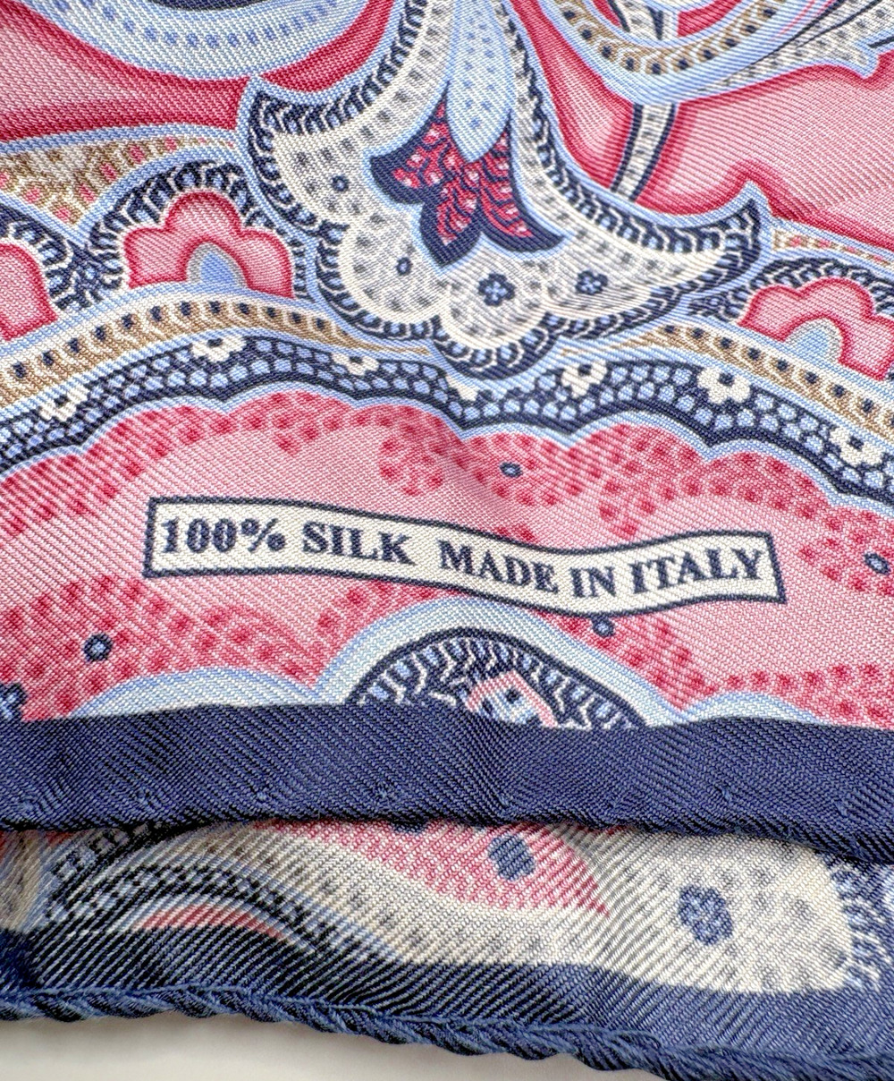 Pink and Navy Paisley Silk Scarf 17" Square Made in Italy Rolled Edges NWOT